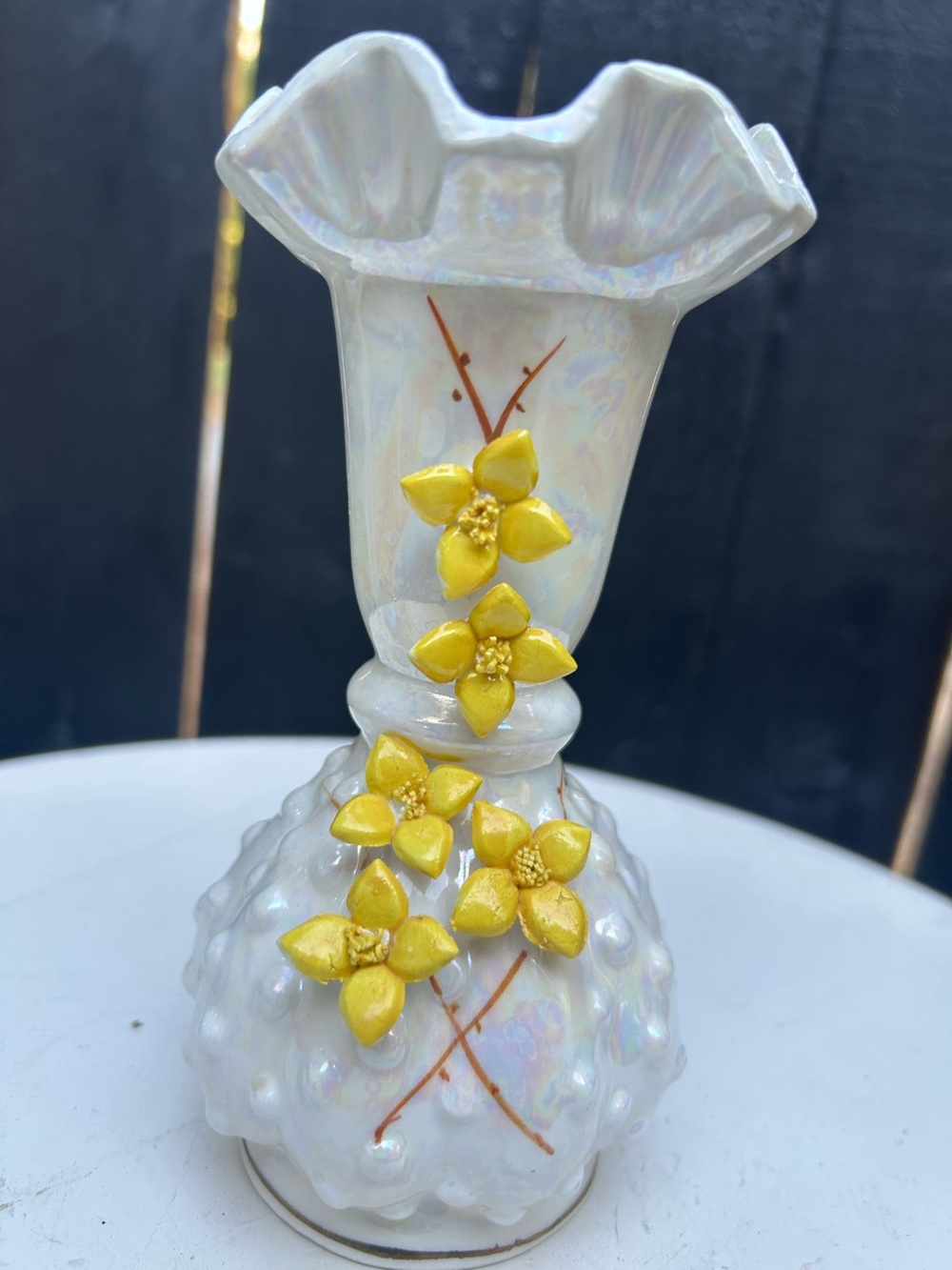 Vintage Pearlescent Ceramic Bud Vase with Yellow Floral Accents